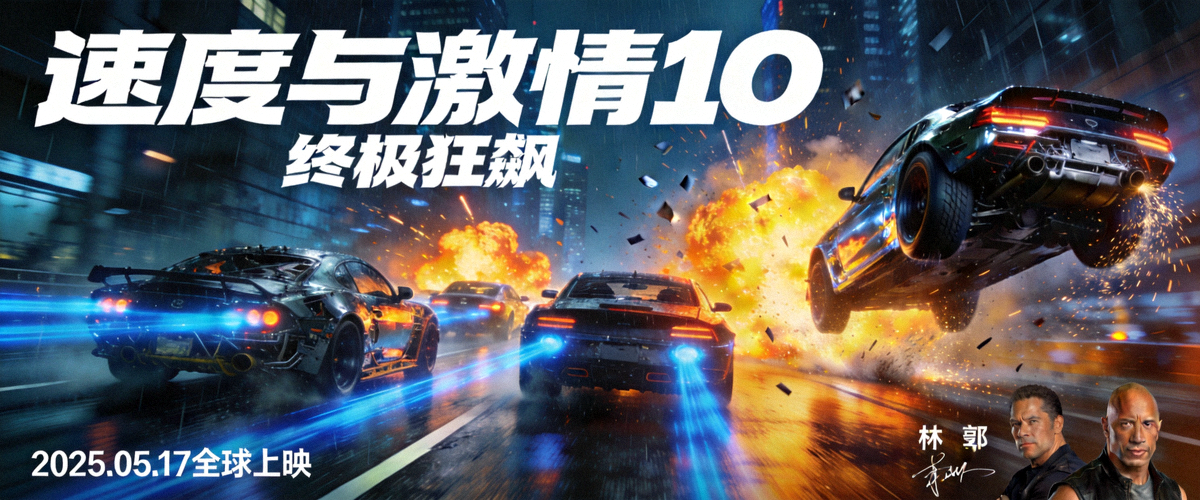 热门动作电影《速度与激情10》海报 - 飞车追逐与爆炸场面
